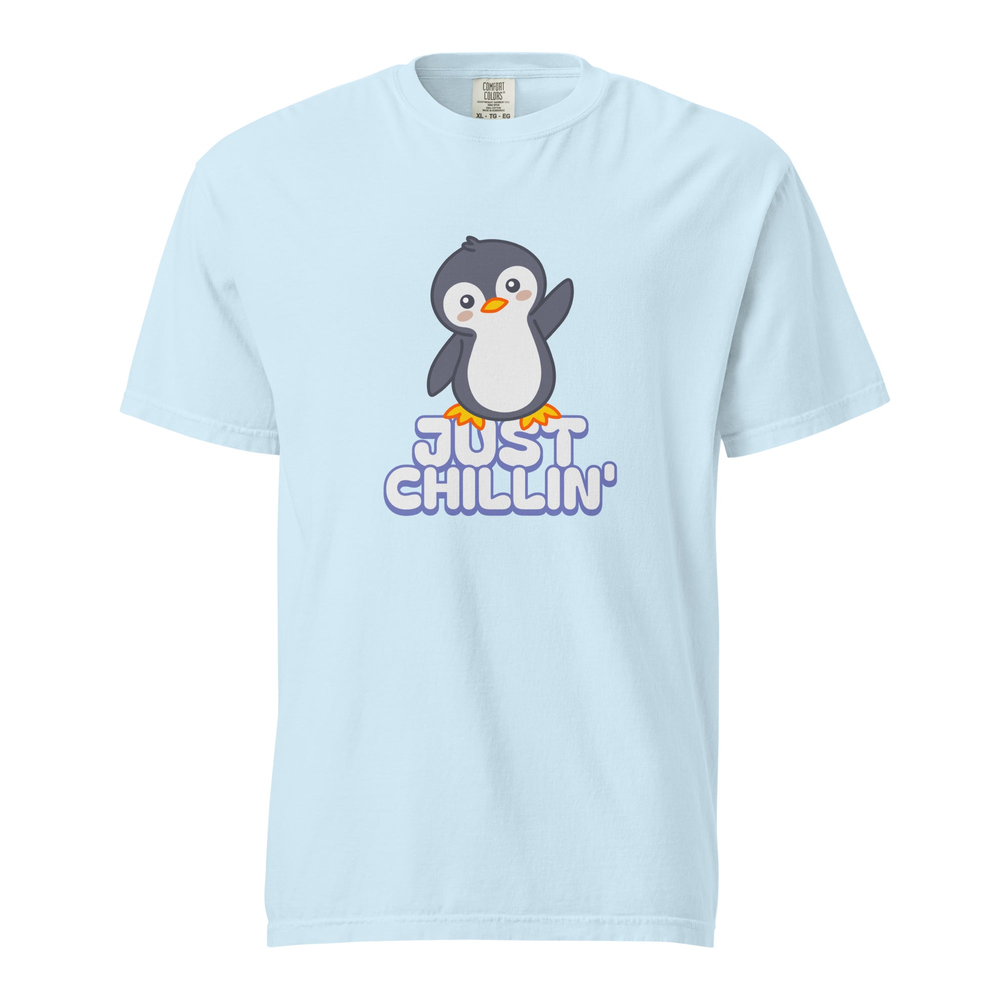 Light blue t-shirt with an illustration of a cute penguin with the caption "Just Chillin'".