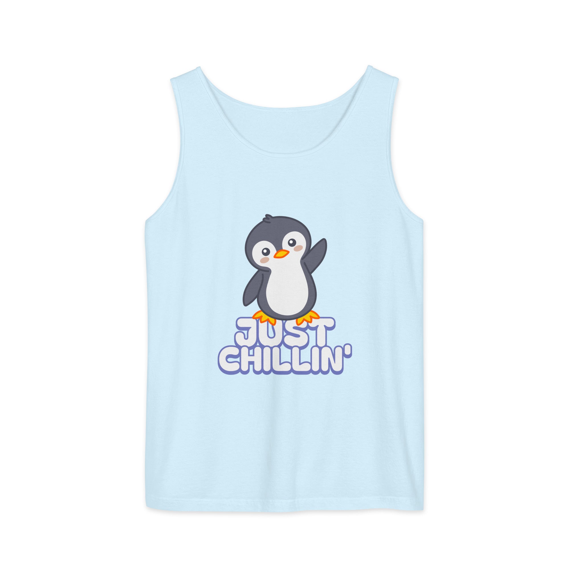 Light blue t-shirt with an illustration of a cute penguin with the caption "Just Chillin'".