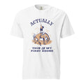 White t-shirt with an illustration of a cowboy riding a bucking horse with the caption "Actually, this IS my first rodeo".