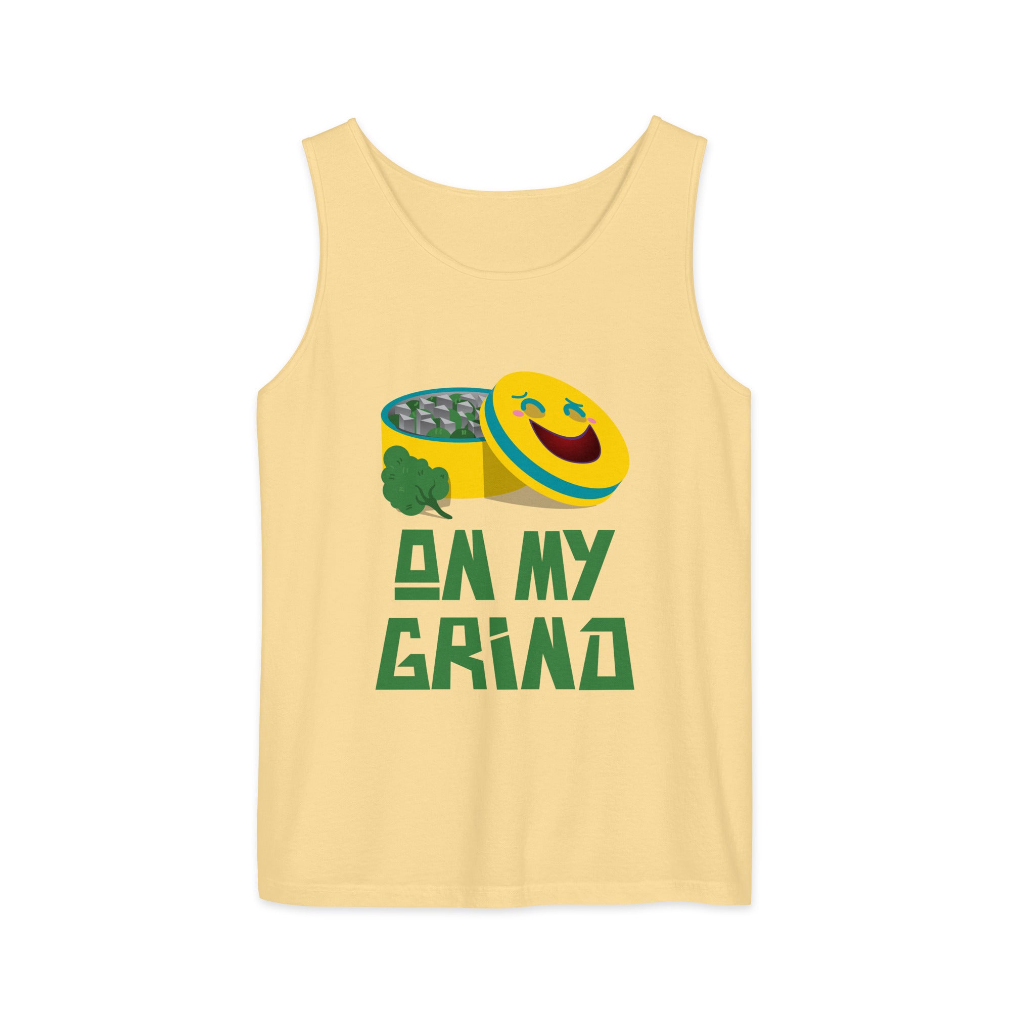Yellow tank top with an illustration of a marijuana grinder with a happy face on the lid with the caption "On My Grind".