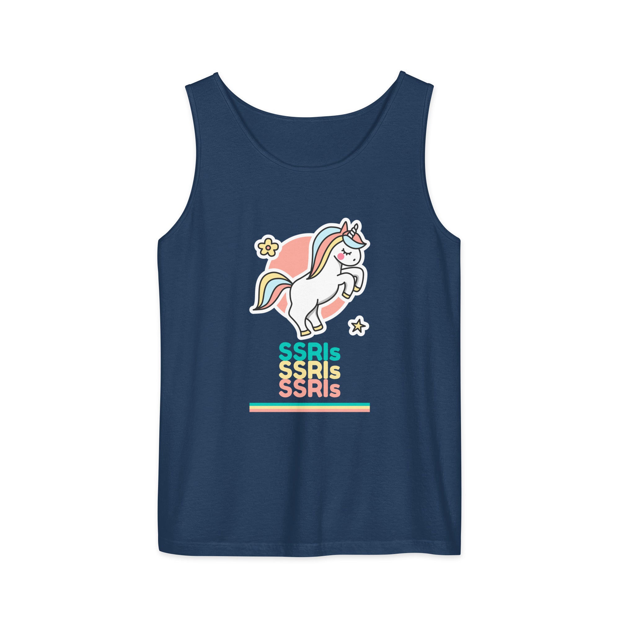 Navy tank top with an illustration of a colorful unicorn with the caption "SSRI" repeating.