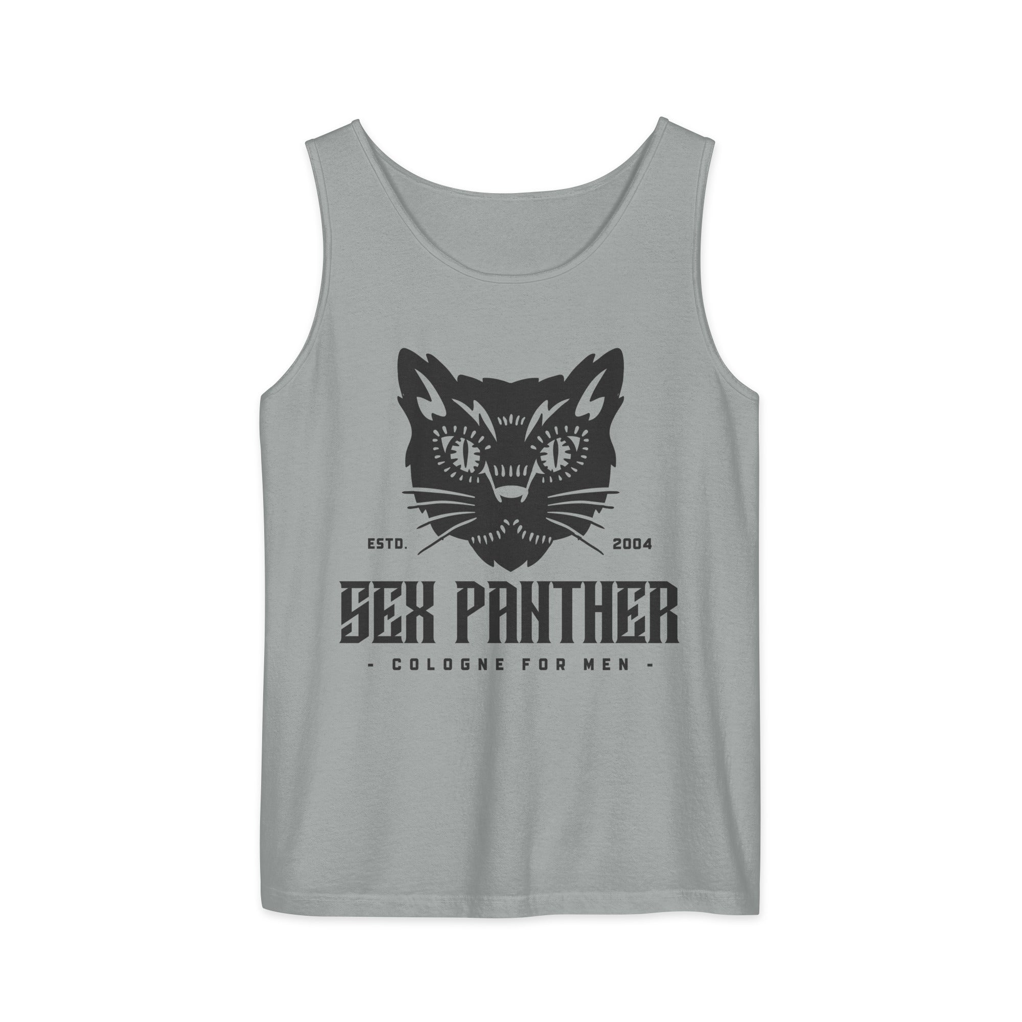 Black tank top with an illustration of a panther with the caption "Sex Panther - Cologne for Men".